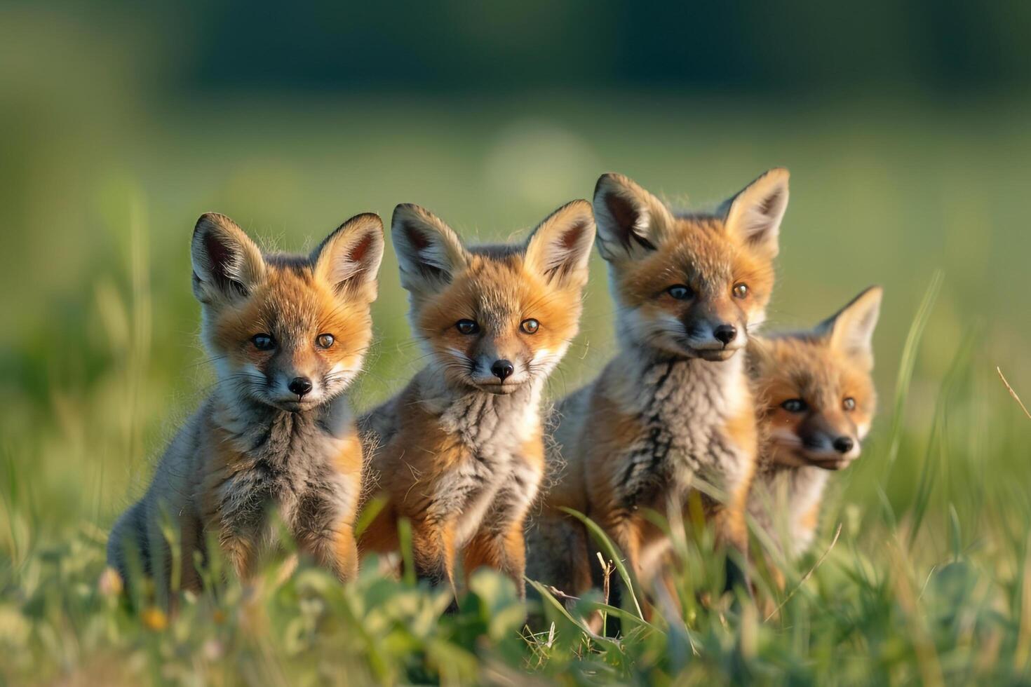 four fox cubs sitting in the grass background photo