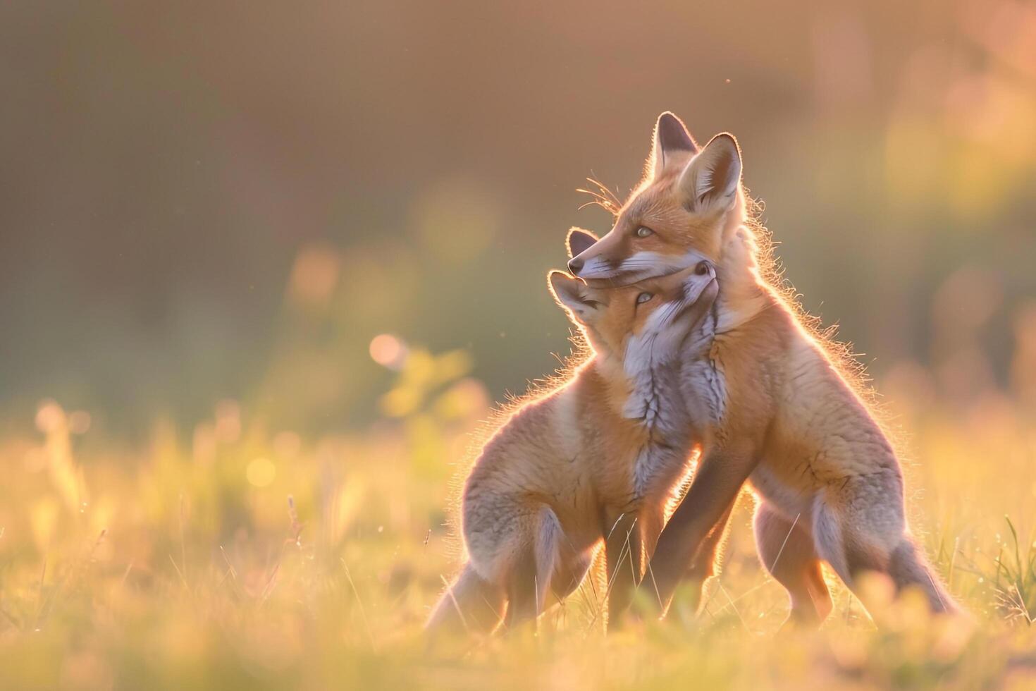 two foxes playing in the grass at sunset background photo