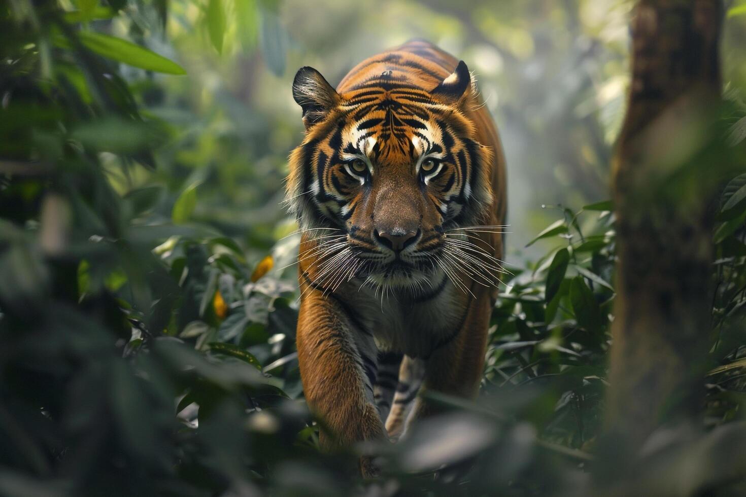 a tiger walking through the jungle background photo