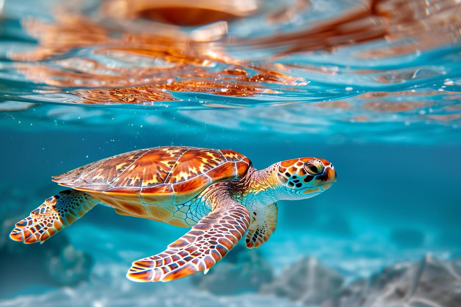 a turtle swimming in the ocean with water and rocks background photo