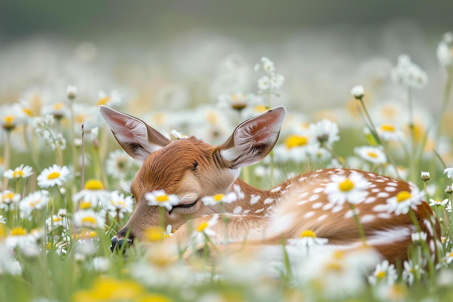 a fawn is sleeping in a field of flowers background photo