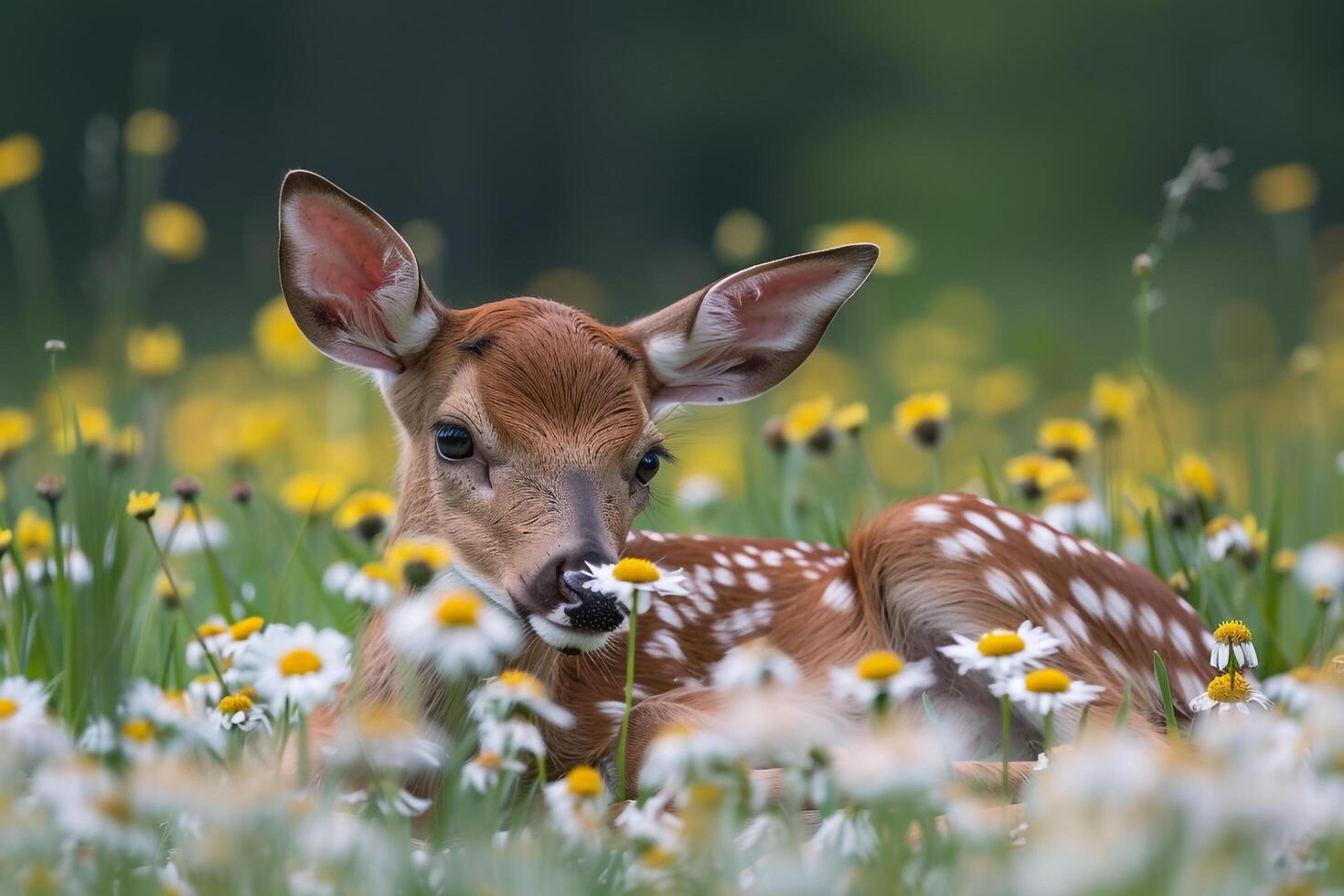 a fawn is sitting in a field of flowers background photo