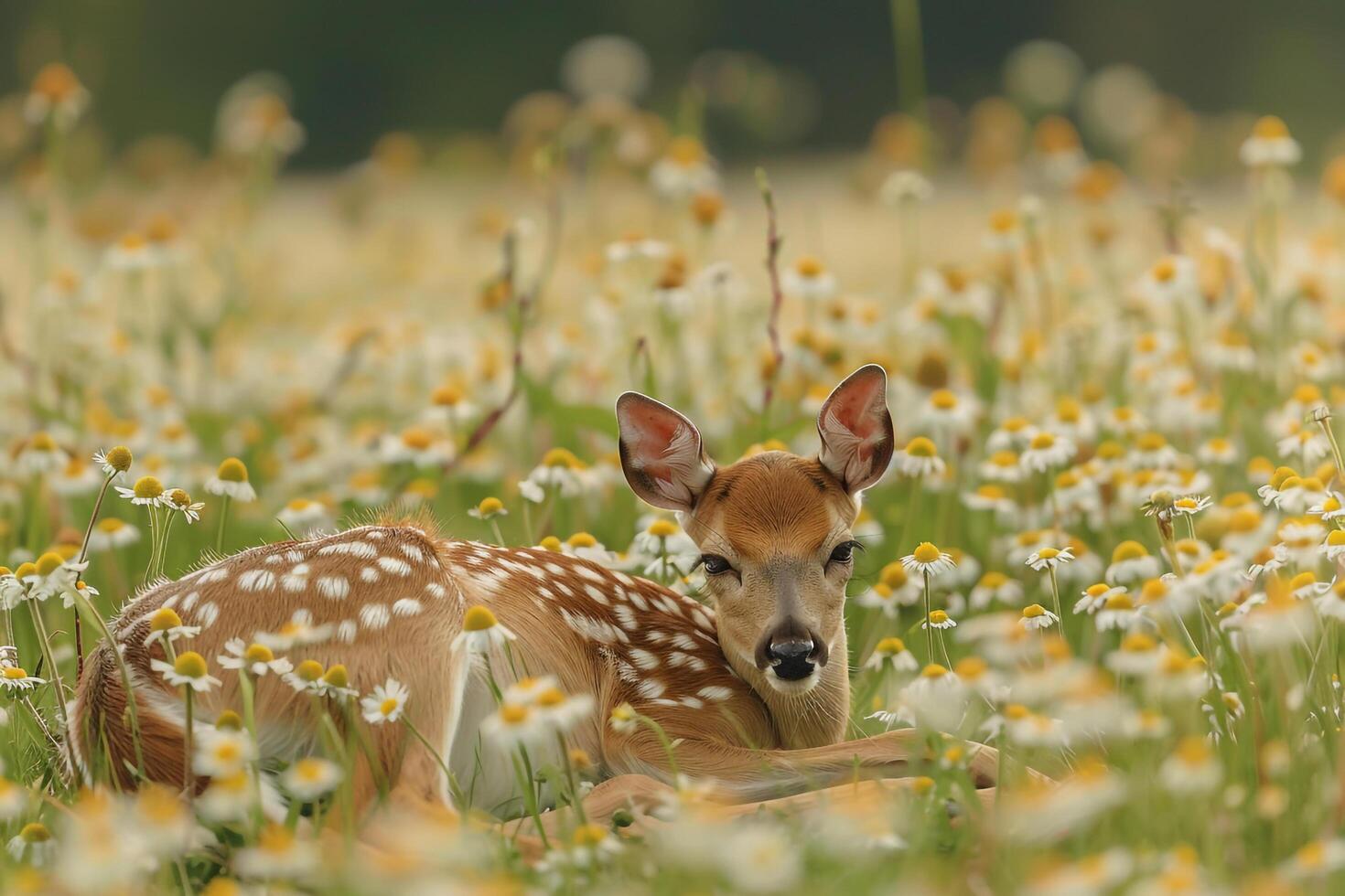 a fawn is sitting in a field of flowers background photo