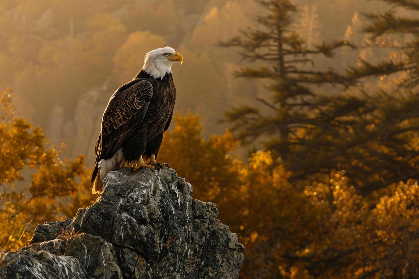 a bald eagle is perched on a rock in the woods background photo