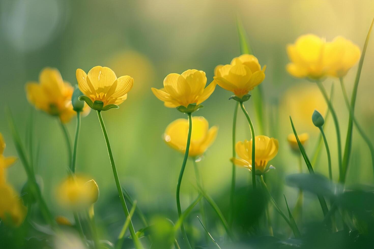 yellow flowers in the grass with sunlight shining through photo