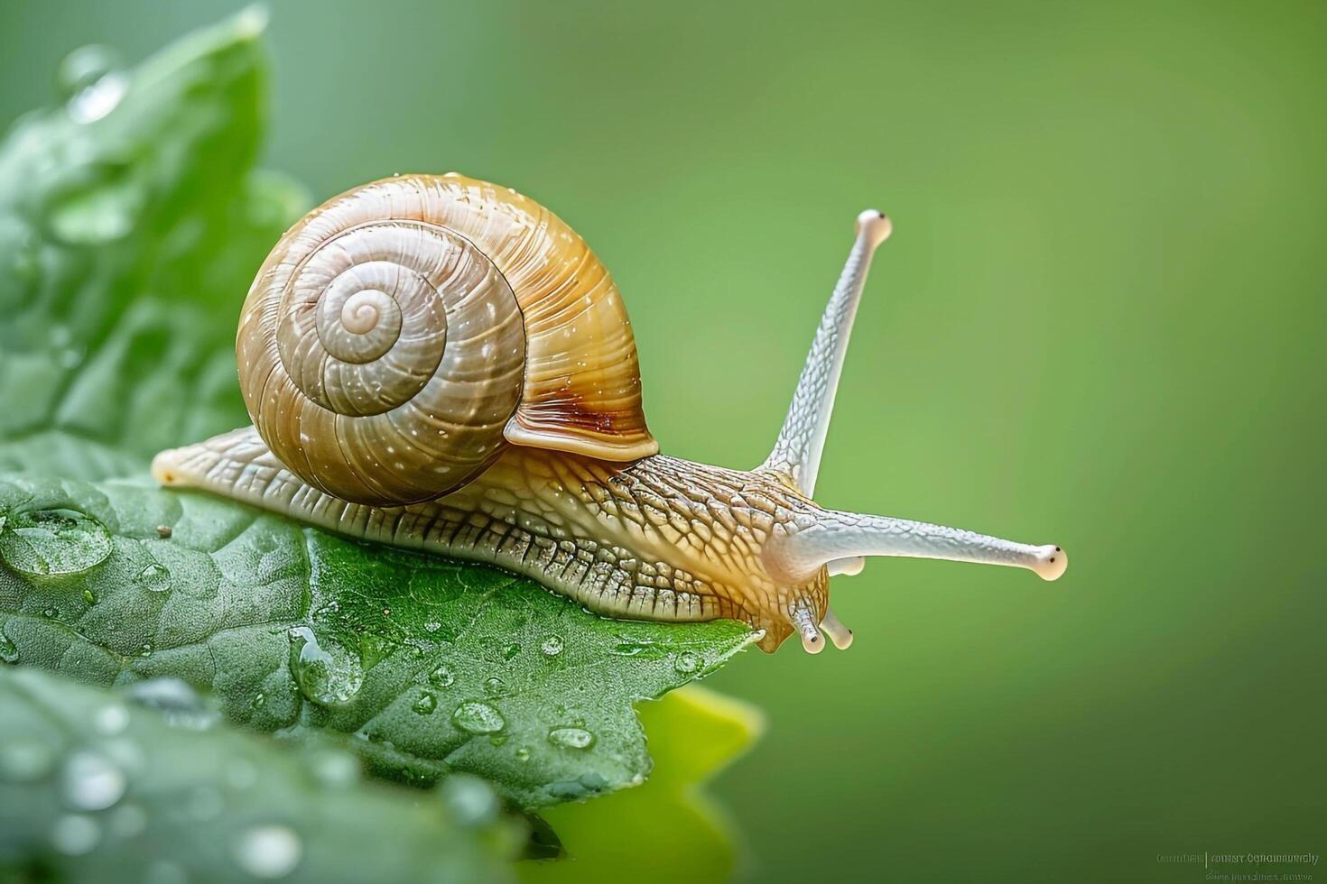 A Snail is Sitting on a Leaf with Water Droplets Background photo