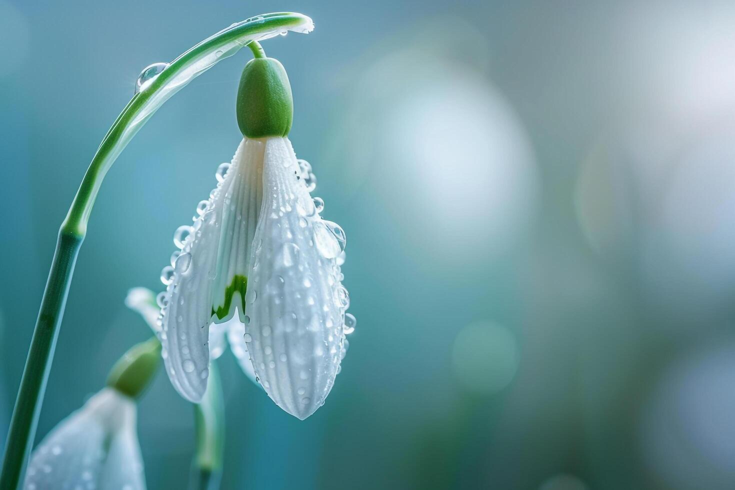 a  of snowdrops with water droplets and background photo