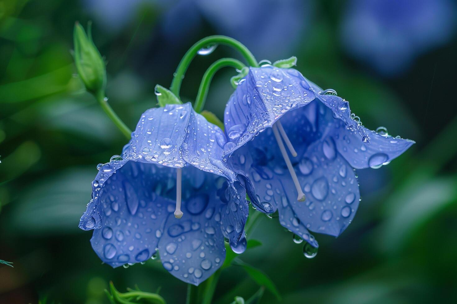 two blue flowers with water droplets on them and background photo