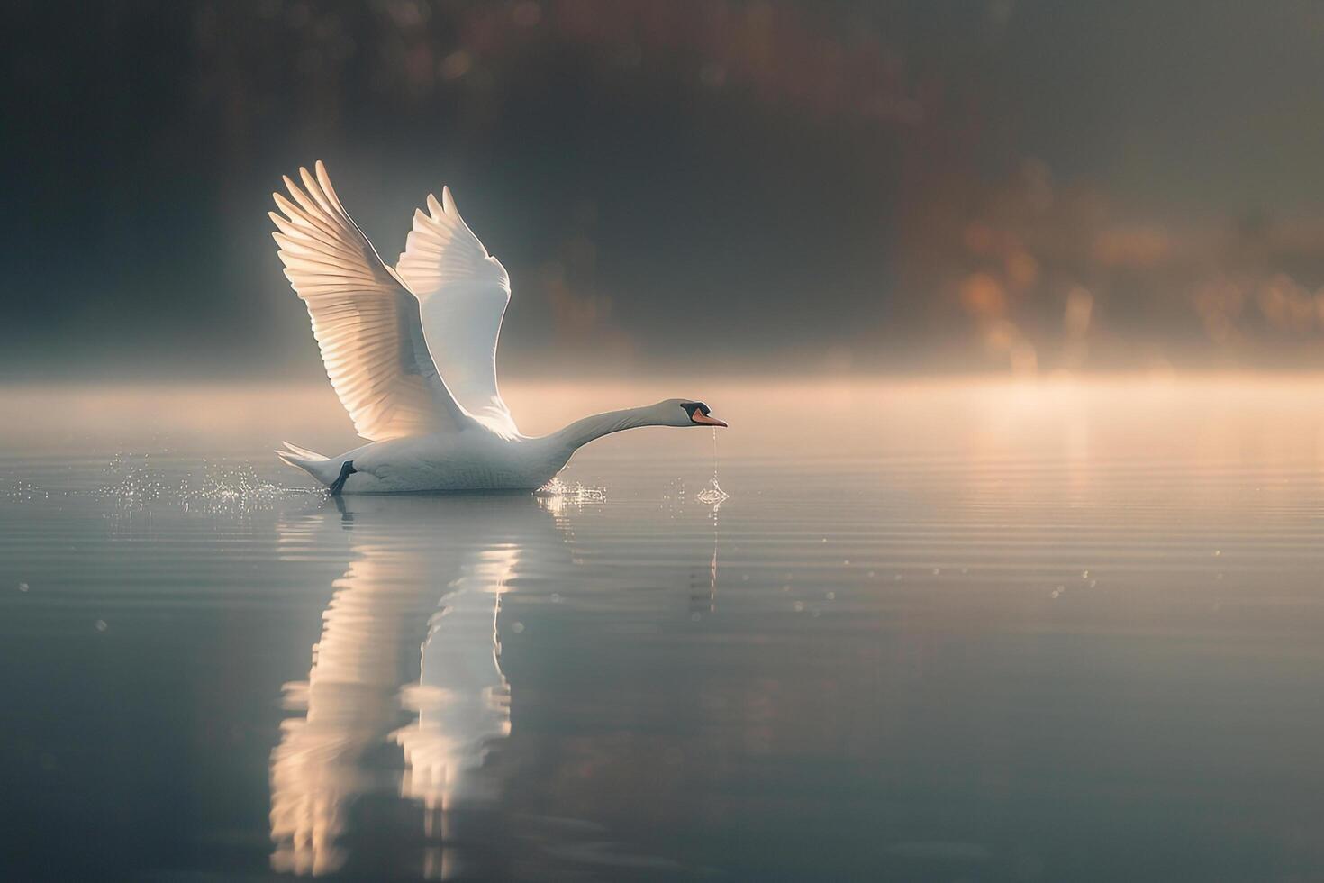 Swan in flight on a lake with foggy background photo