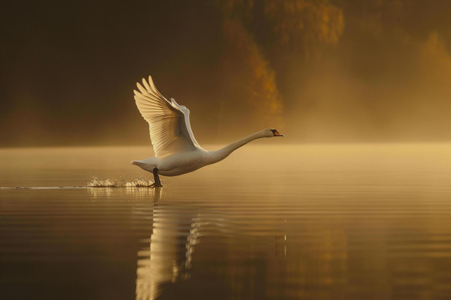 A swan landing on water in the morning light background photo