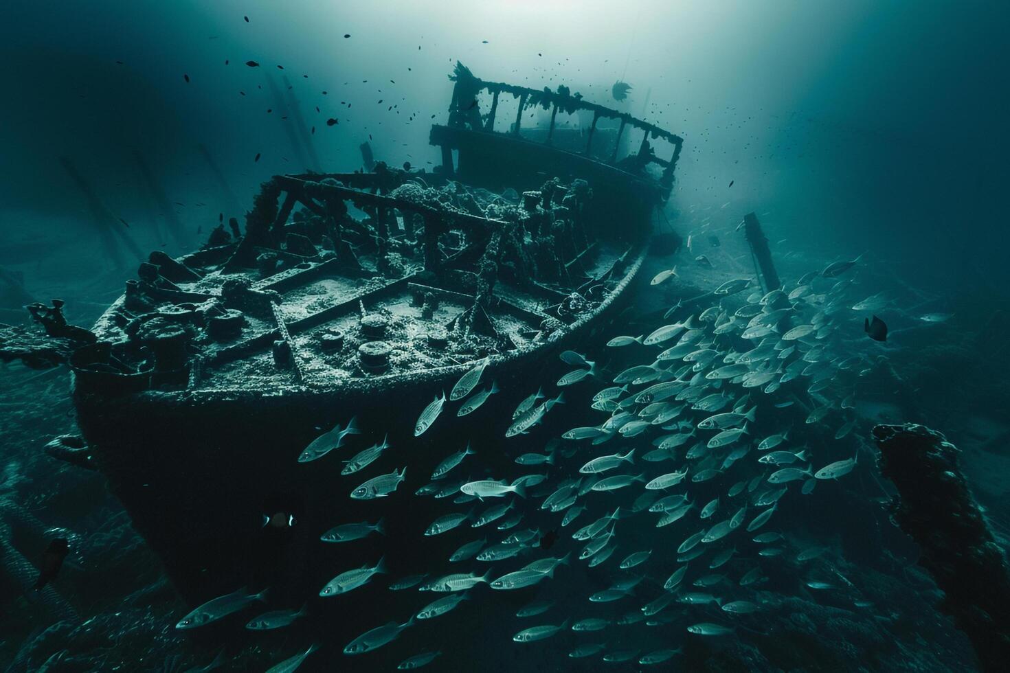 A boat surrounded by fish in the ocean background photo