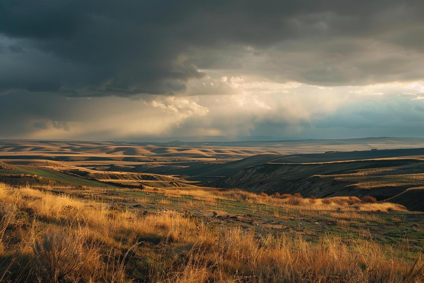 A stormy sky over the plains with grass and trees background photo