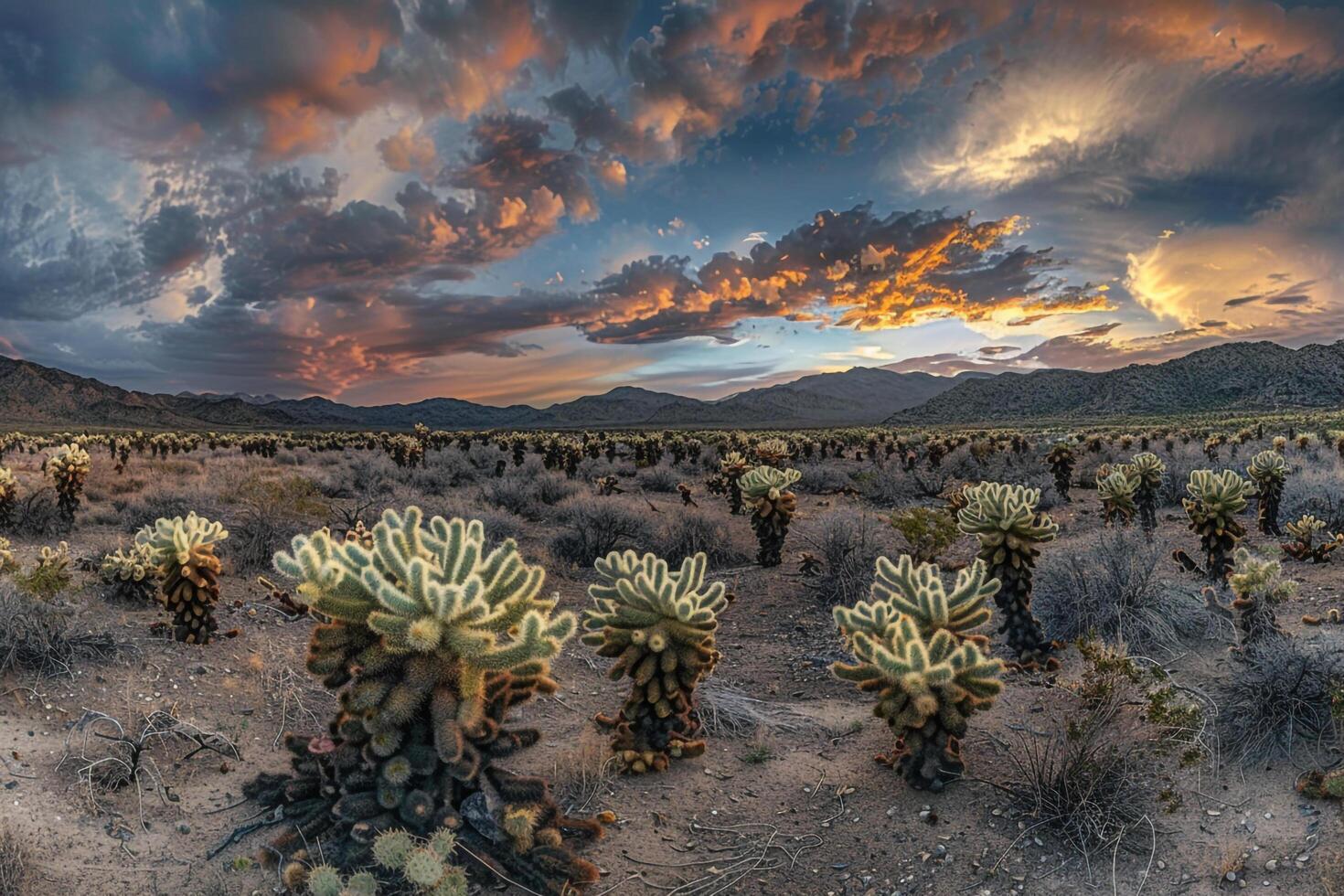 A desert landscape with cactus plants and clouds background photo