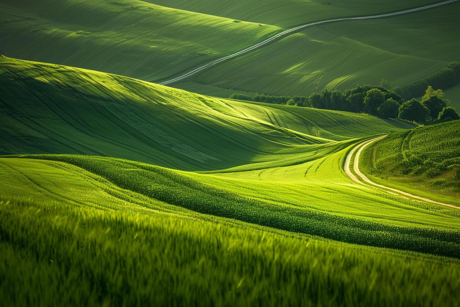 A green field with a road winding through it background photo