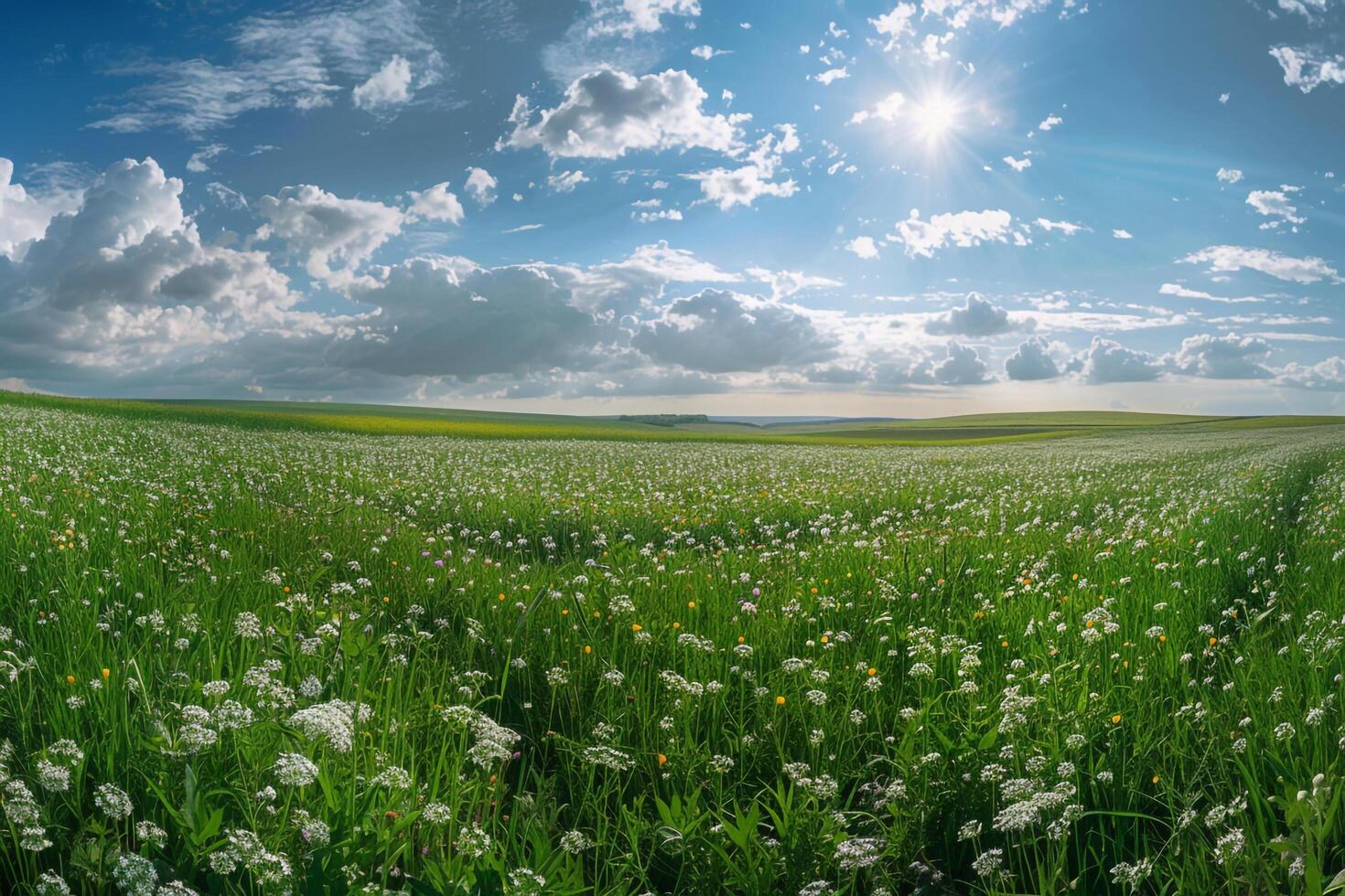 A field of flowers and grass under a blue sky background photo
