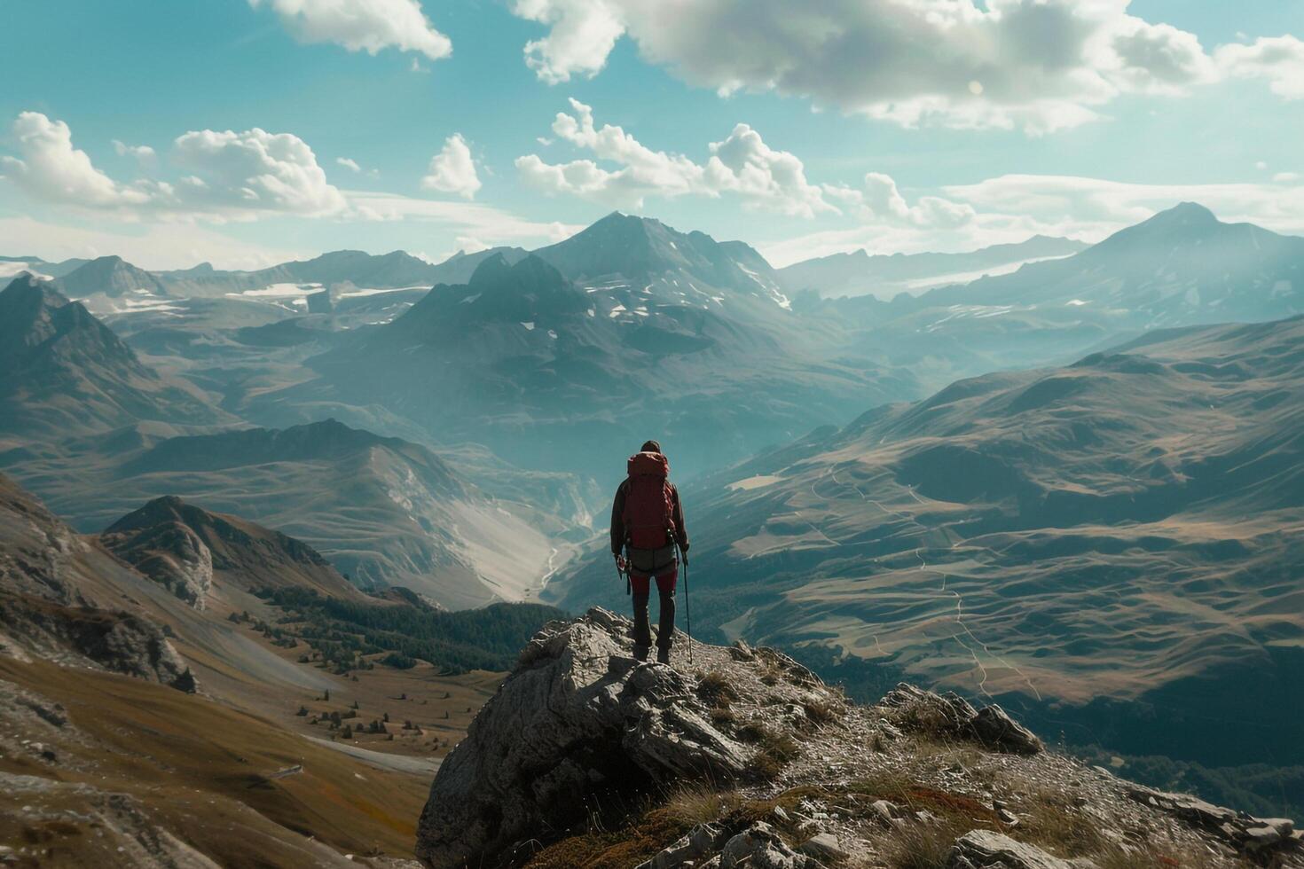 A person standing on top of a mountain looking at the valley below background photo