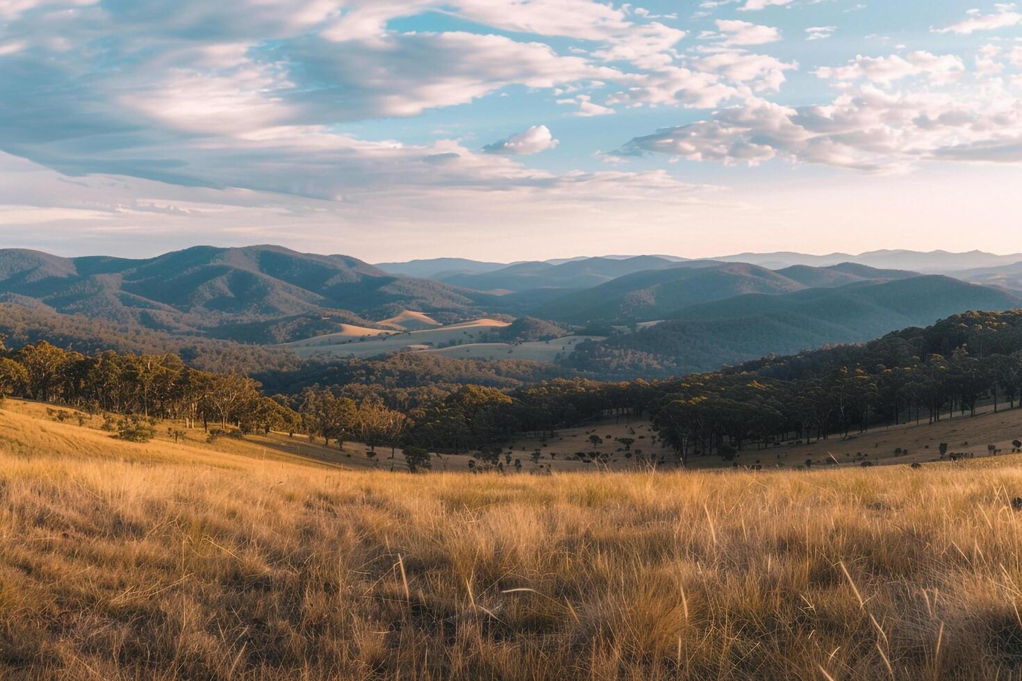 A view of the mountains and hills from a grassy hill photo