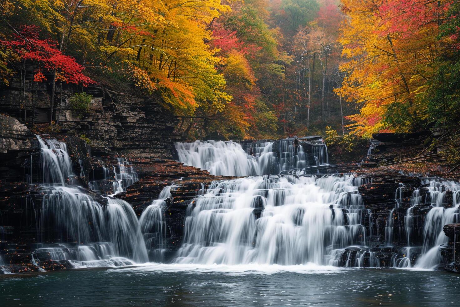 A waterfall surrounded by colorful trees in the fall photo