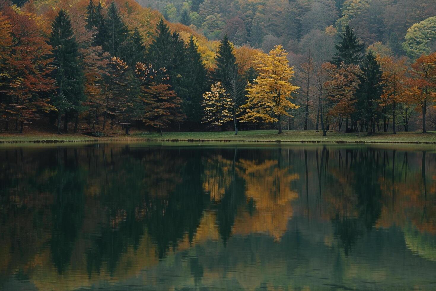 Autumn trees reflected in a lake in the forest background photo