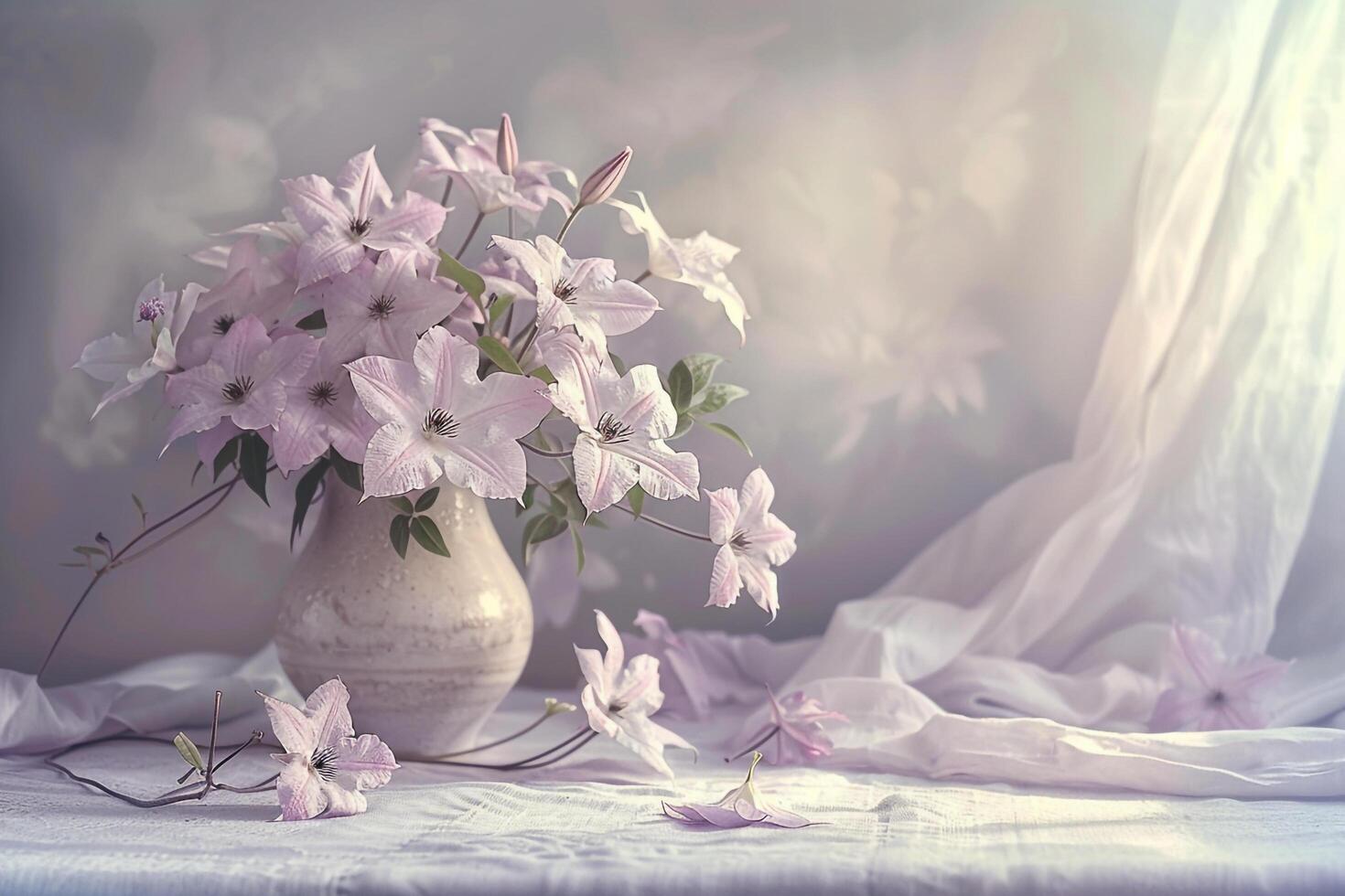 A vase with flowers on a table background photo