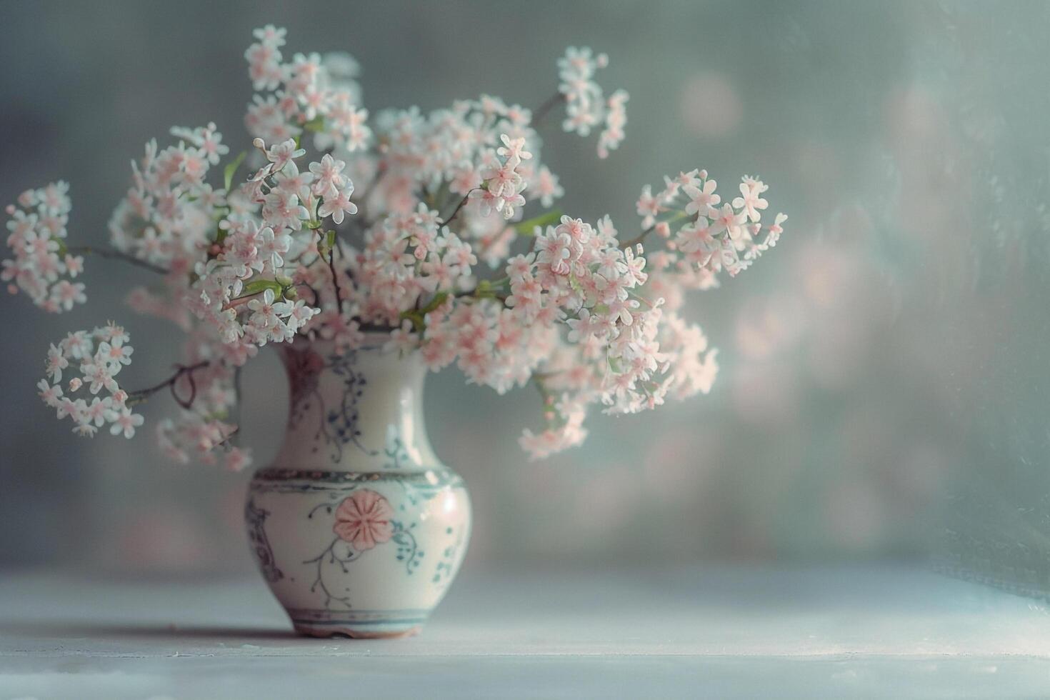 A vase with pink flowers sitting on a table background photo