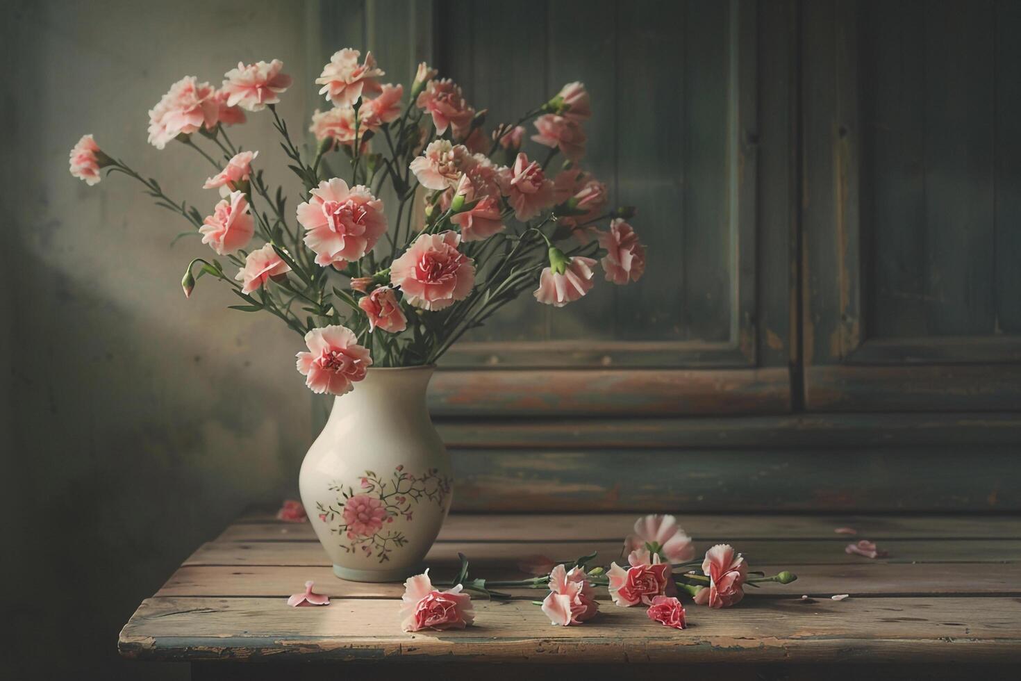 Still life pink carnations in a vase on a table with a background photo