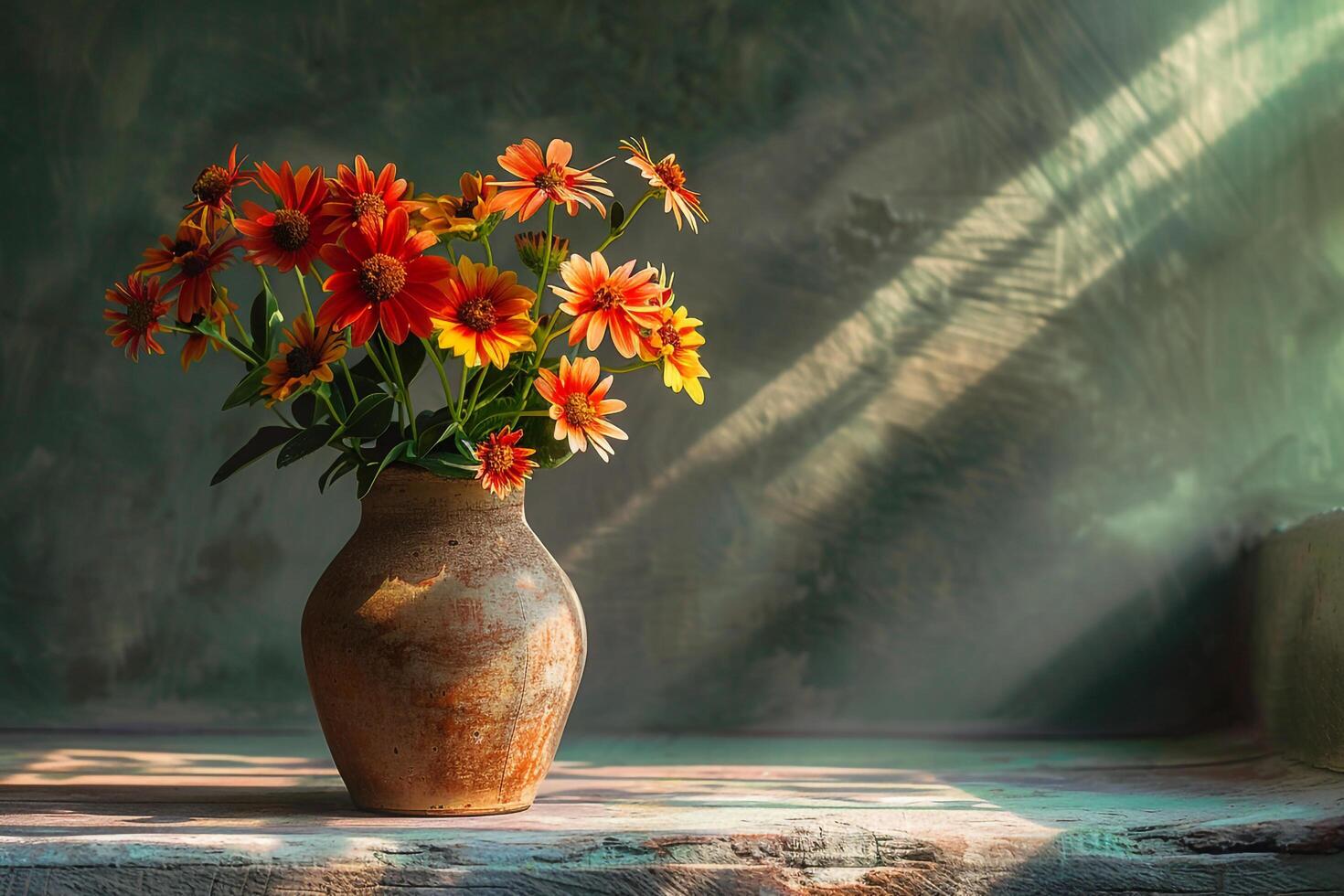 A vase with flowers sitting on a table with a background photo