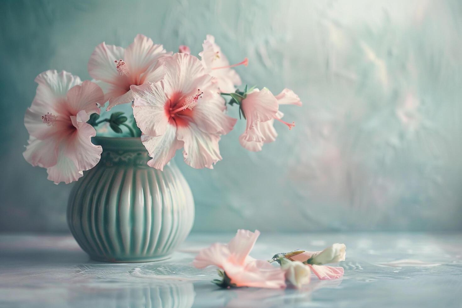 Pink flowers in a green vase on a table with a background photo