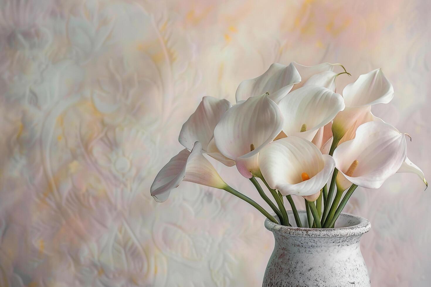 A vase with white flowers sitting on a table with a background photo
