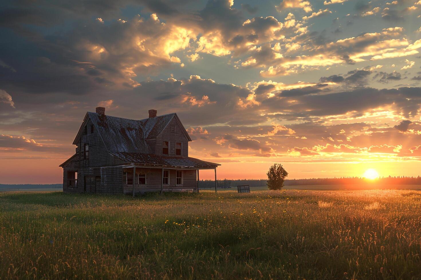 A house in a field with a sunset in the background photo