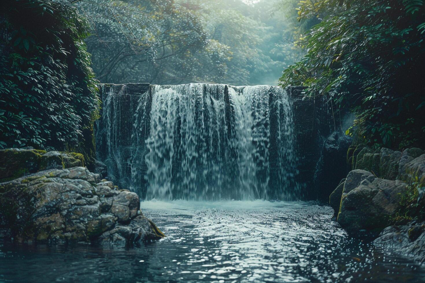 A waterfall in the jungle with a stream flowing through it with a background photo