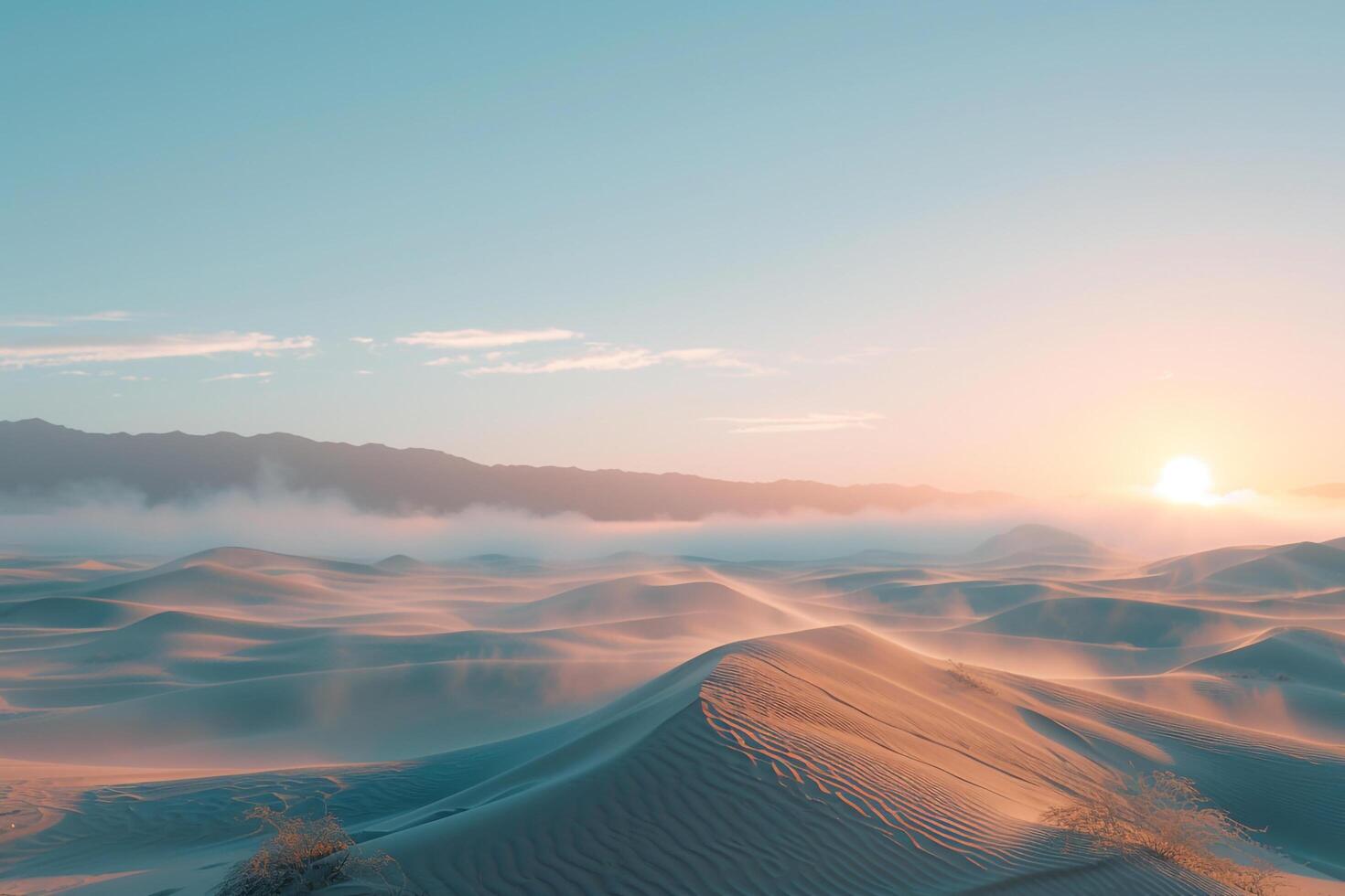 a desert with sand dunes and mountains in the background photo