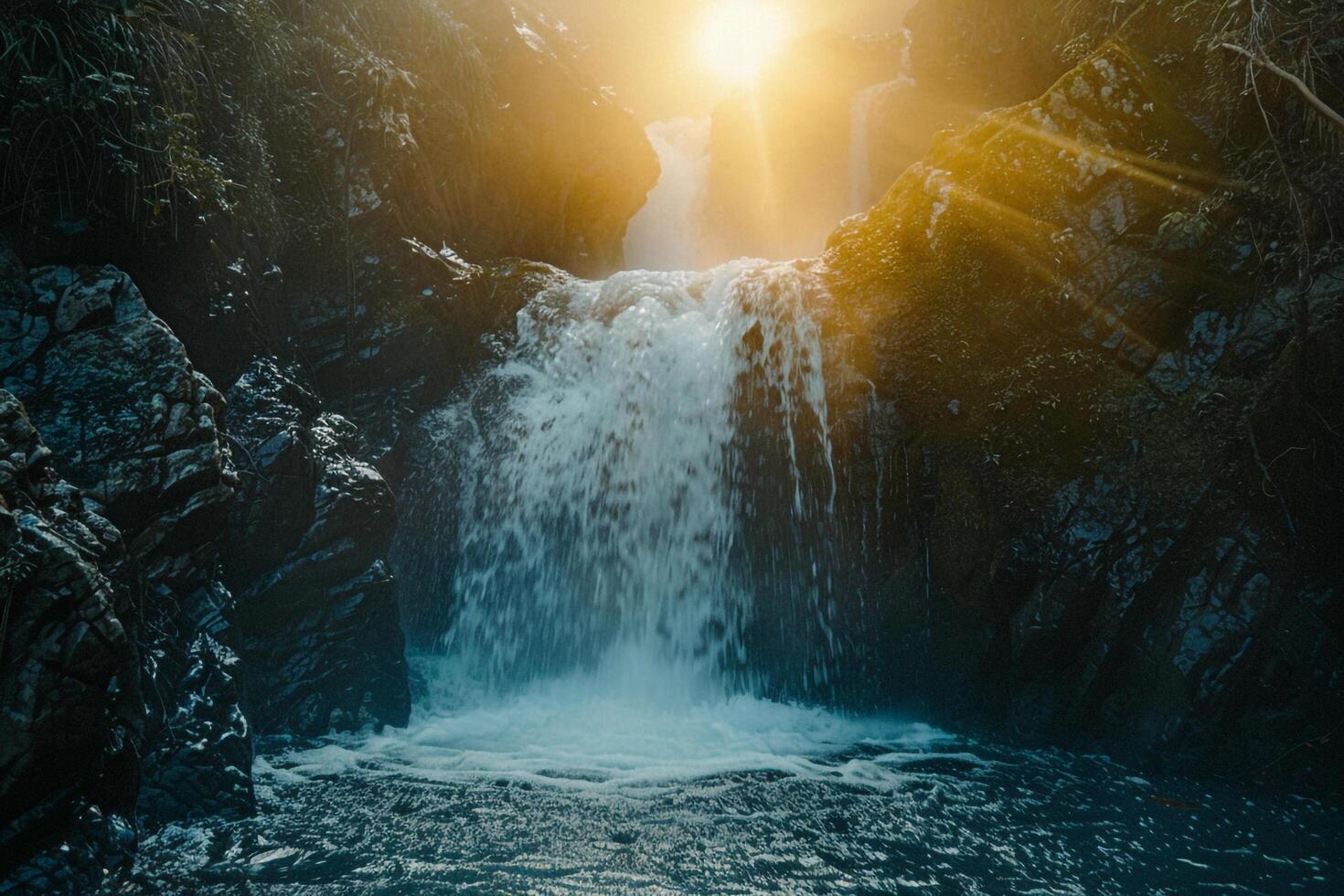 a waterfall in the mountains with the sun shining through background photo