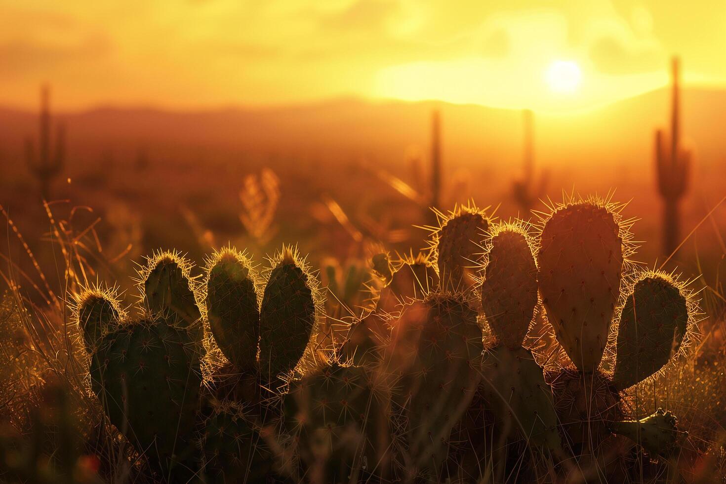 cactus plants in the desert at sunset background photo