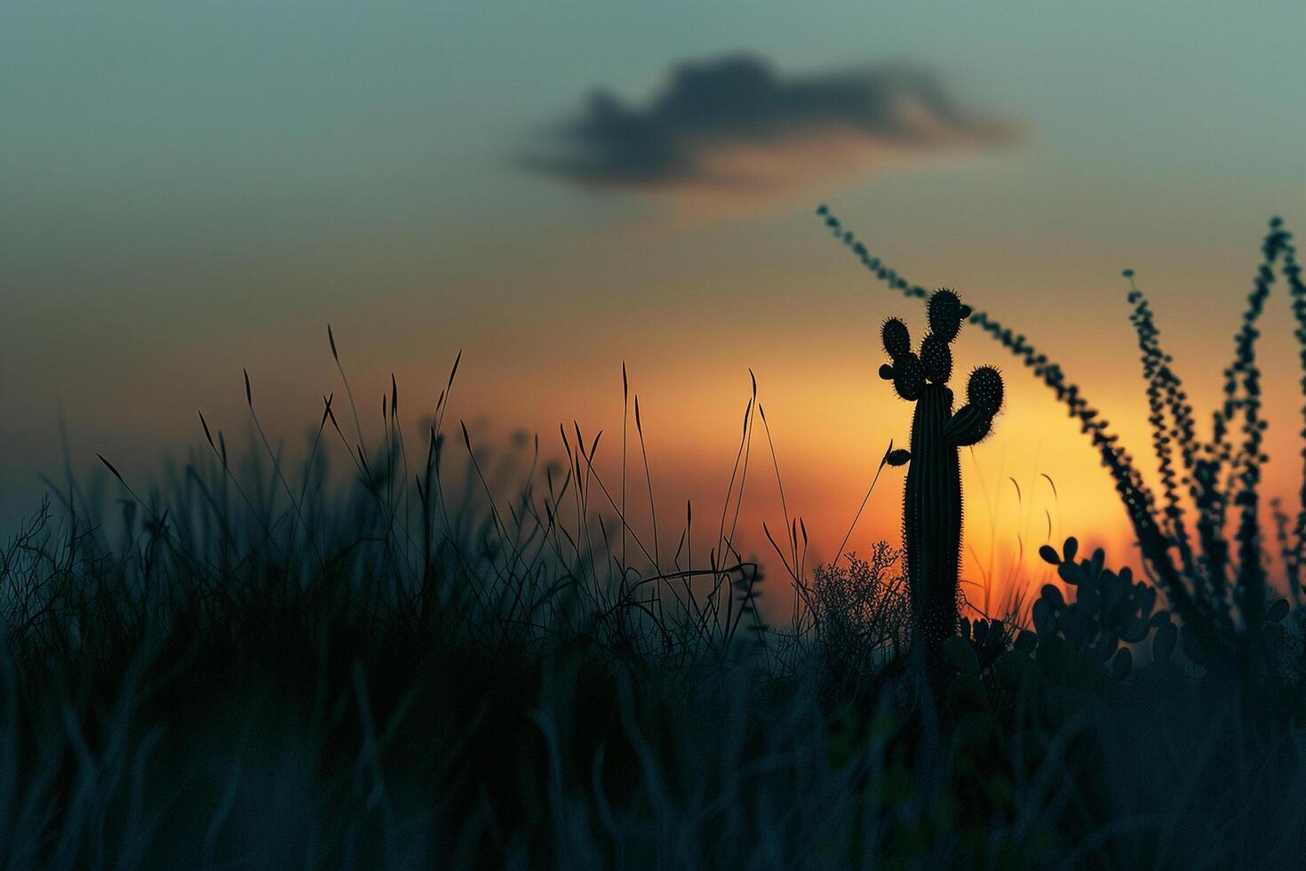 a cactus plant in the grass at sunset background photo