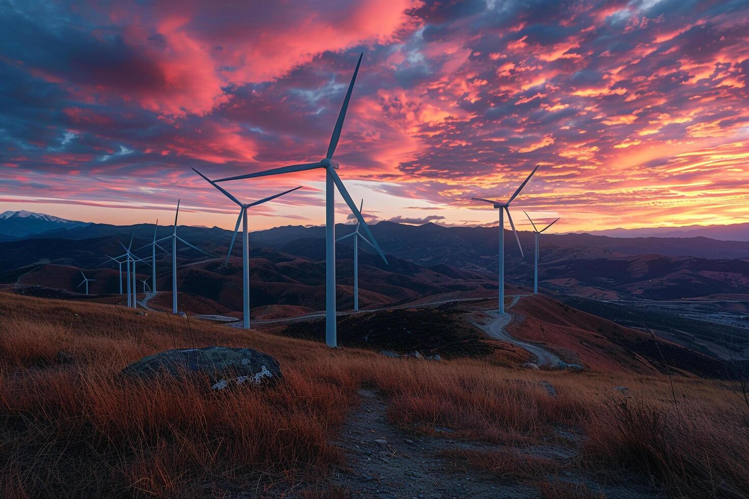 a wind turbine on a hill with a sunset in the background photo