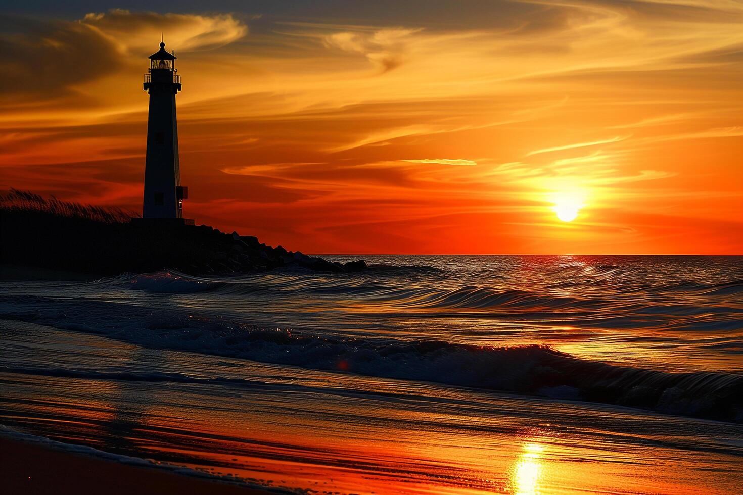 a lighthouse is silhouetted against the sunset on a beach background photo