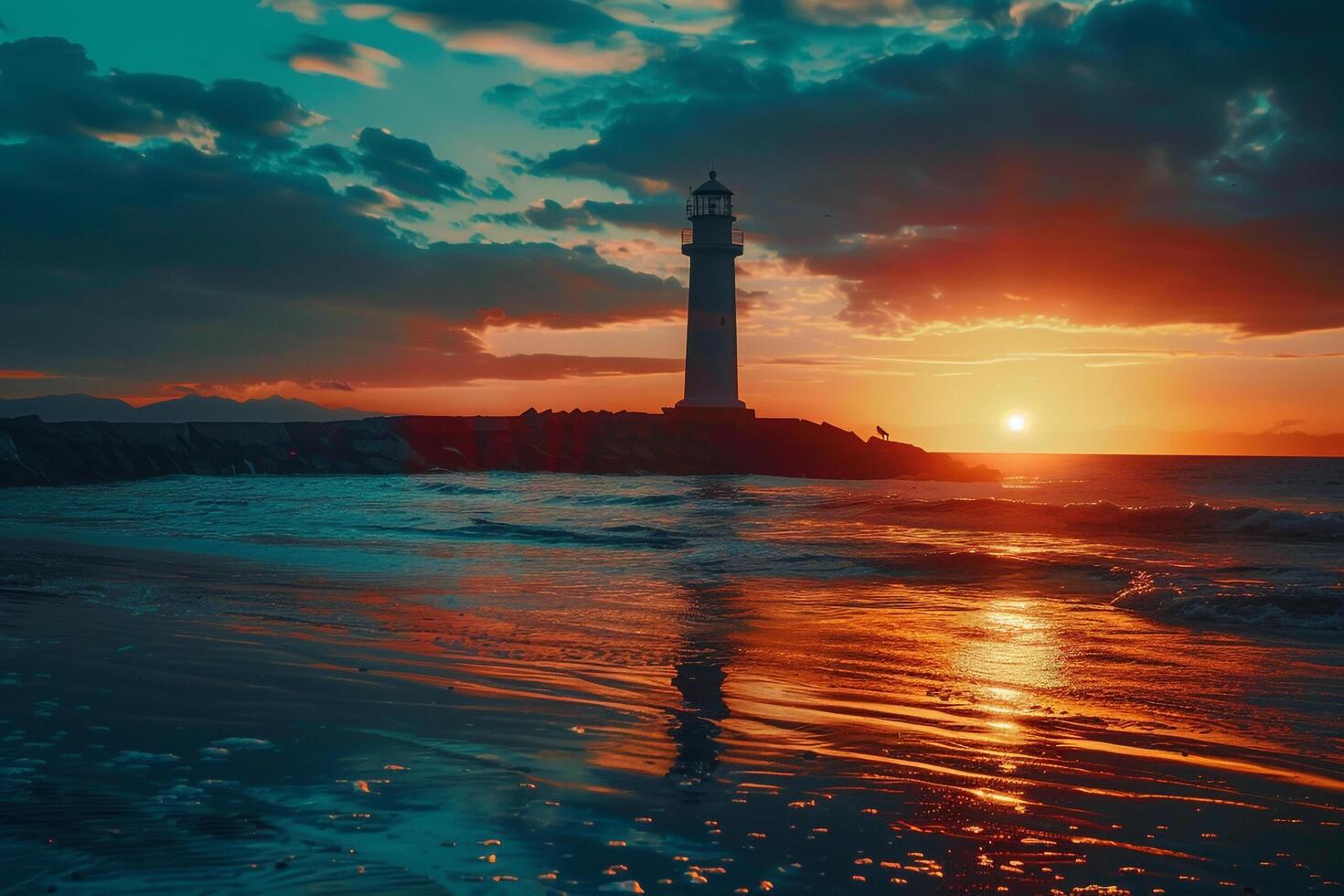 a lighthouse is seen in the sunset on the beach background photo