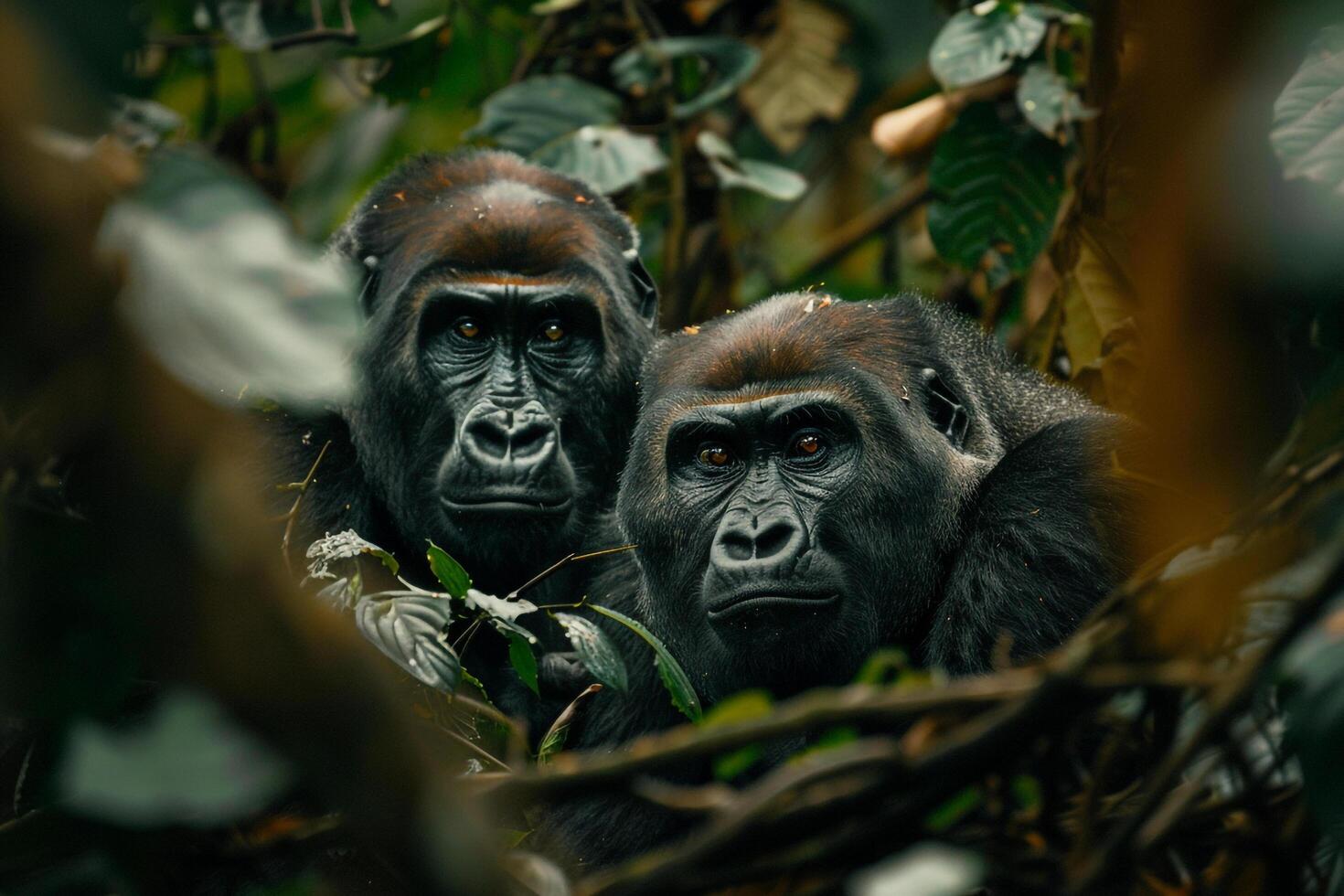 two gorillas are looking at the camera in the forest background photo