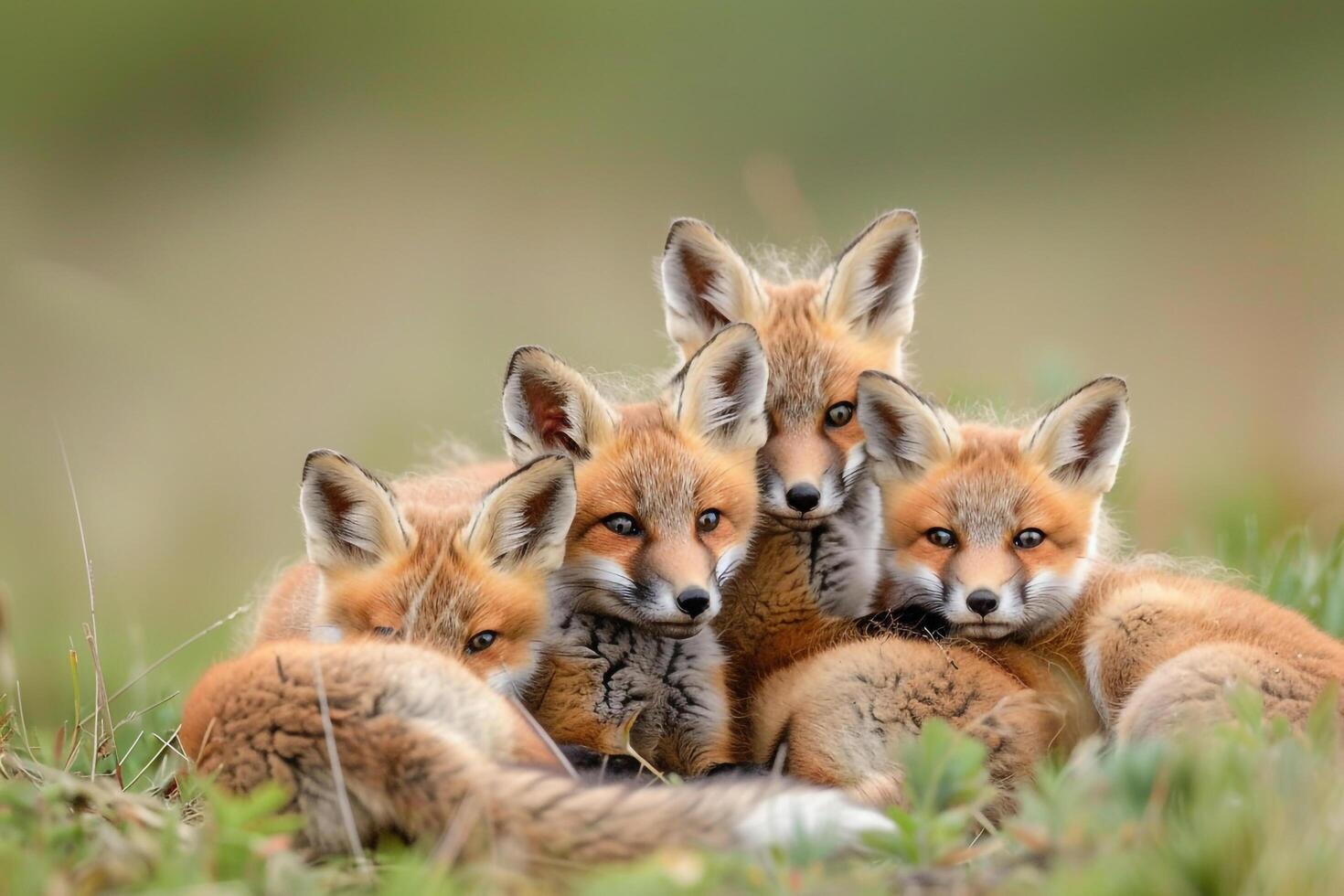 a group of foxes sitting together in the grass background photo