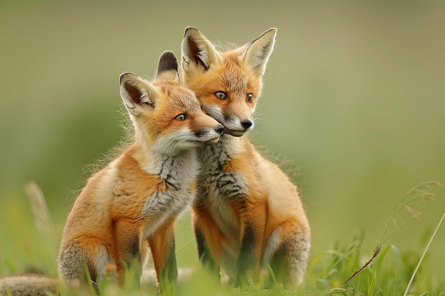 two foxes sitting in the grass together background photo