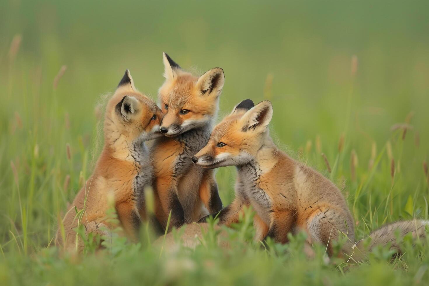 three fox cubs in a field background photo
