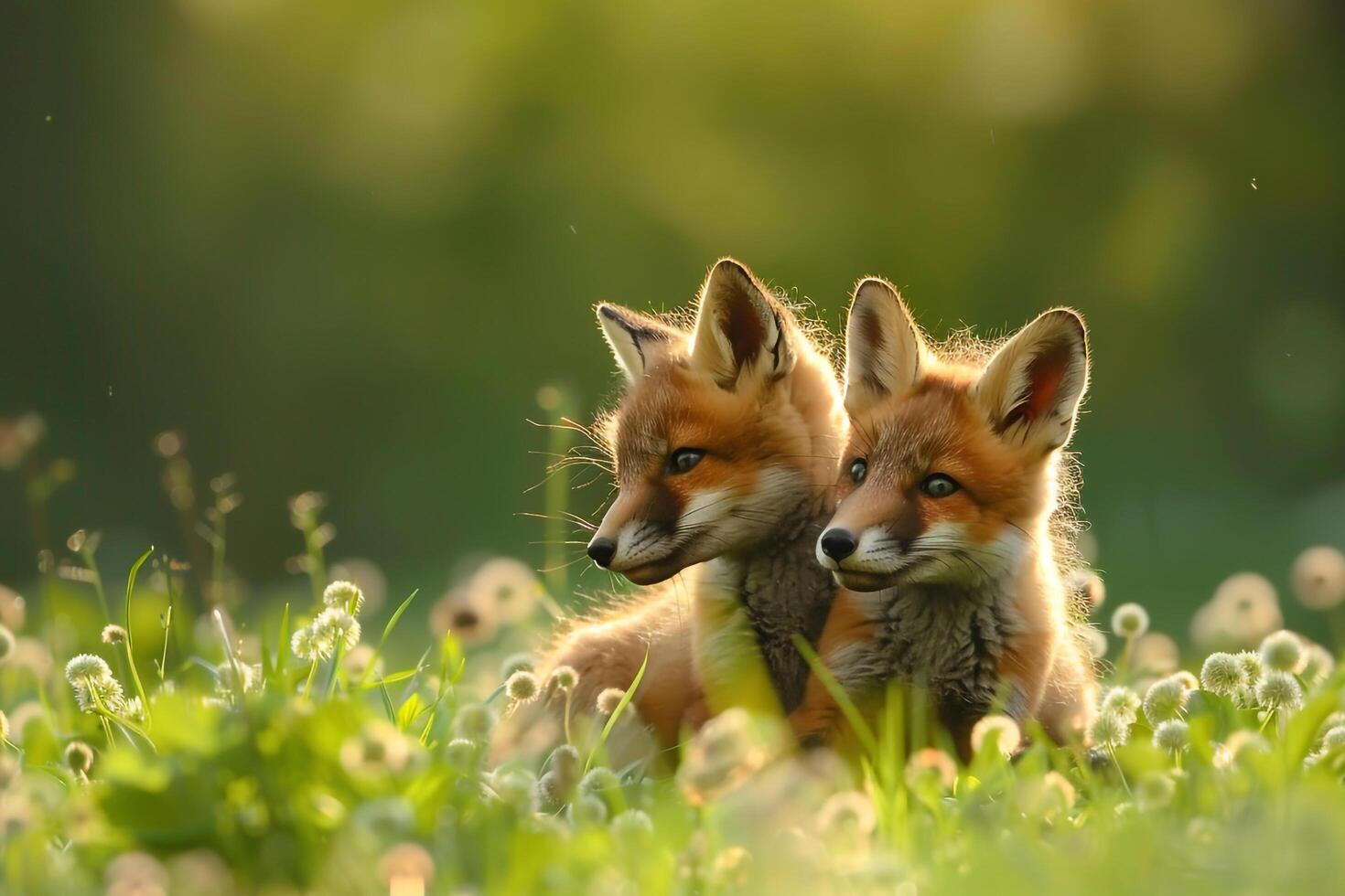 two foxes sitting in the grass with dandelions background photo
