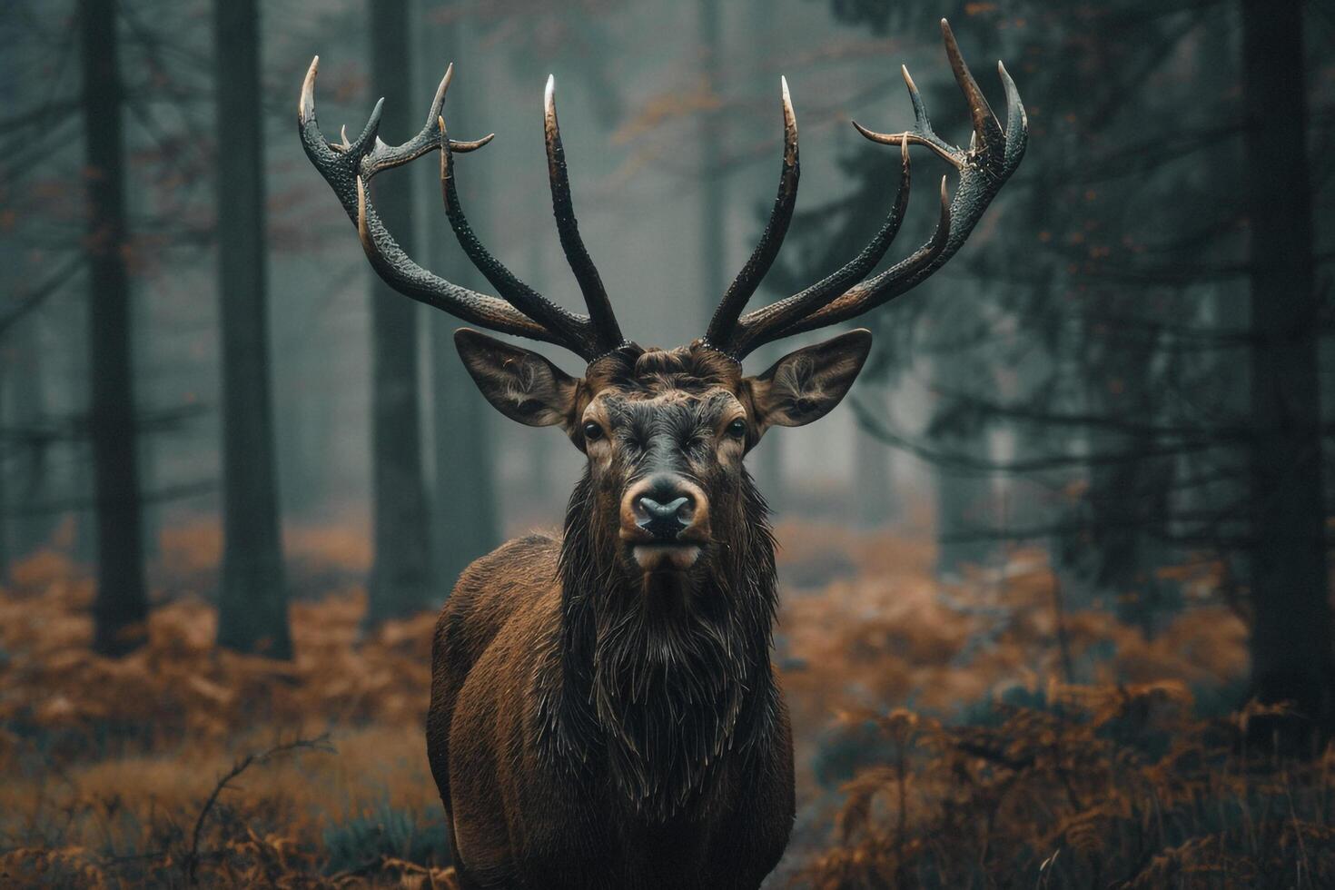 un ciervo con grande cornamenta en el bosque antecedentes foto