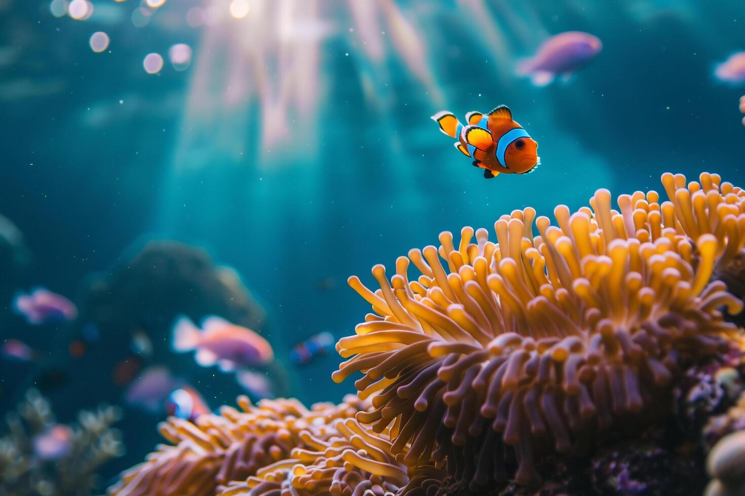 Anemone and Clown Fish in the Ocean Background photo