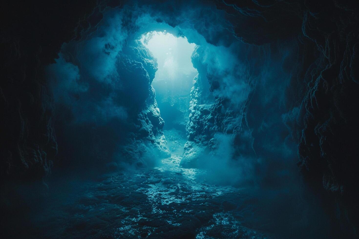 A Dark Cave with Water Flowing Out of It Background photo