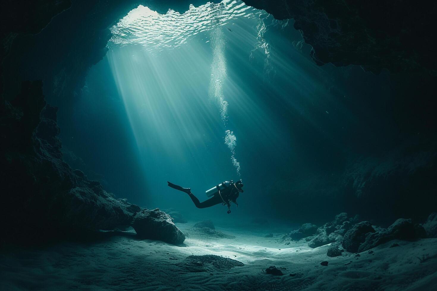 A Person Scuba Diving in a Cave Background photo