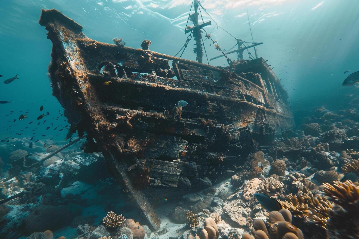 An Underwater View of a Ship on the Ocean Floor Background photo