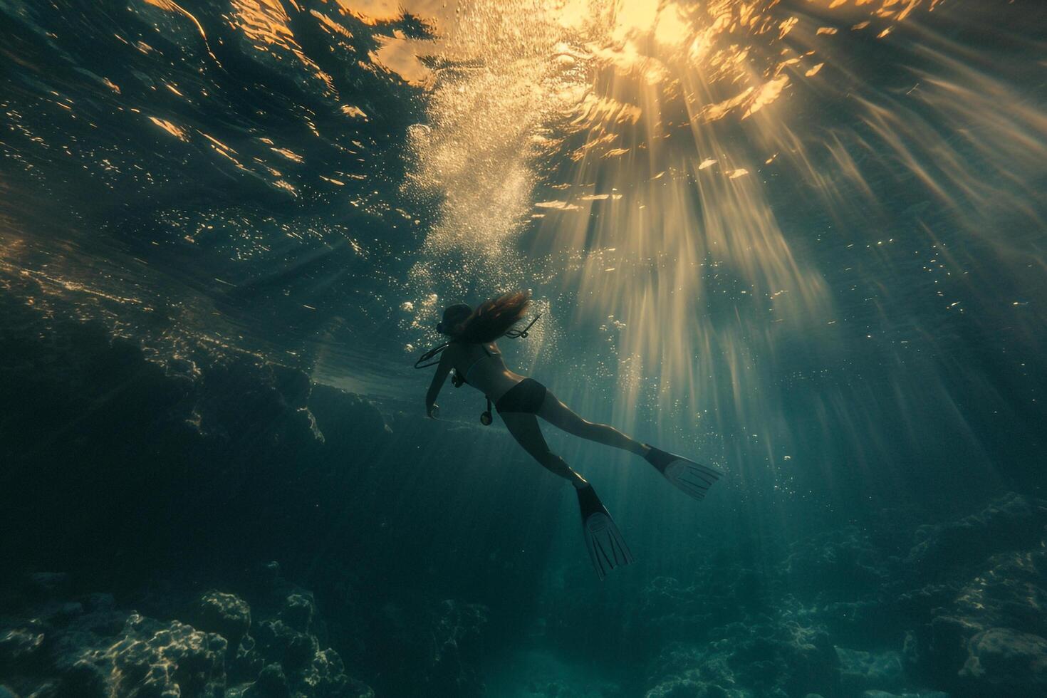 A Woman Swimming Under the Water with Rays of Light Background photo