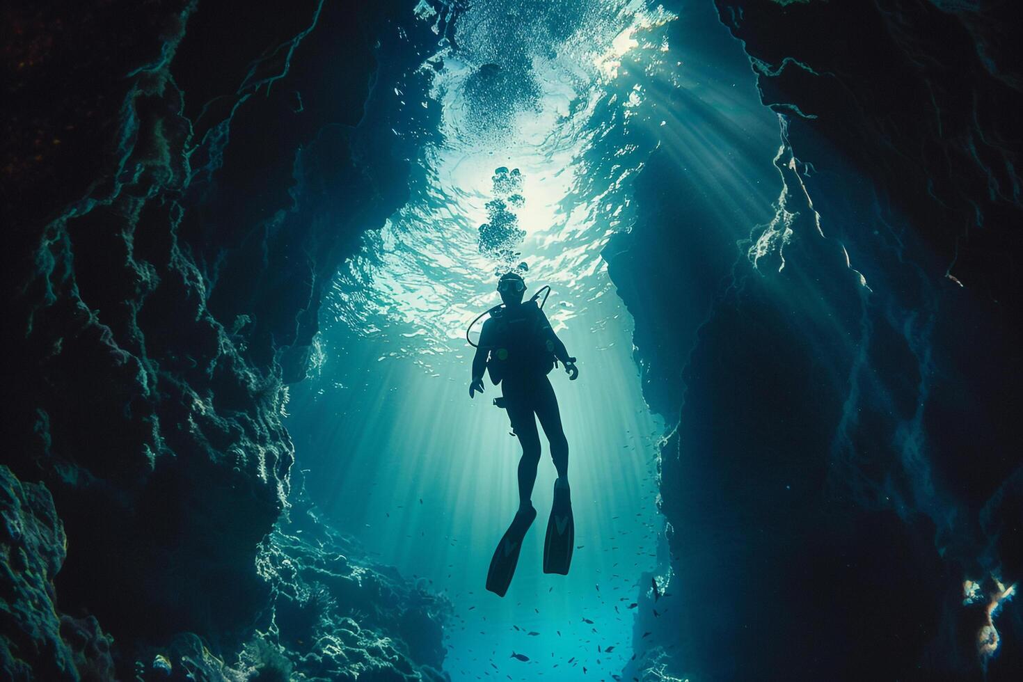 A Person in a Scuba Suit Swimming Through a Cave Background photo